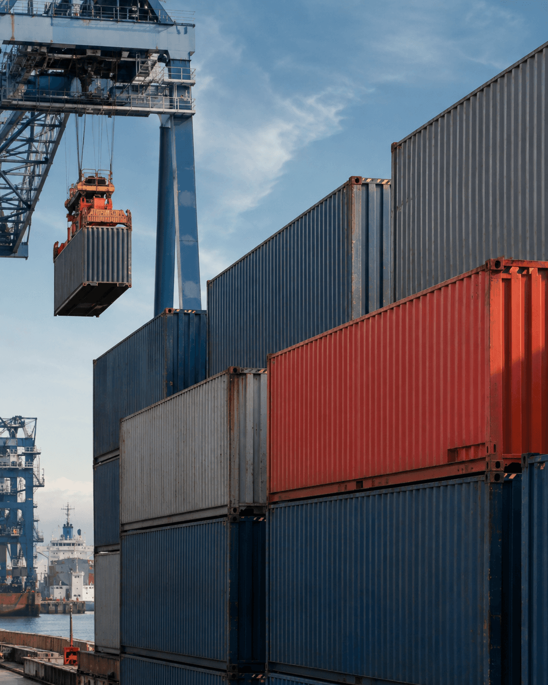 Shipping containers being handled by a port gantry crane
